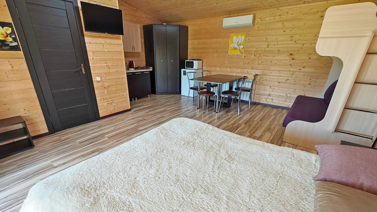 Фиолетовый домик-студия. Кондиционер, интернет, телевизор (8 каналов), стол, стулья