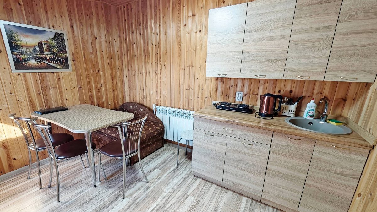 Кухня-гостиная оборудована посудой и техникой